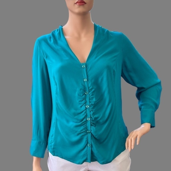 Igigi Tierney Blouse Plus Size 20 Jade Green Cuffs Sleeves Button-Up Ruching NEW - Picture 7 of 11